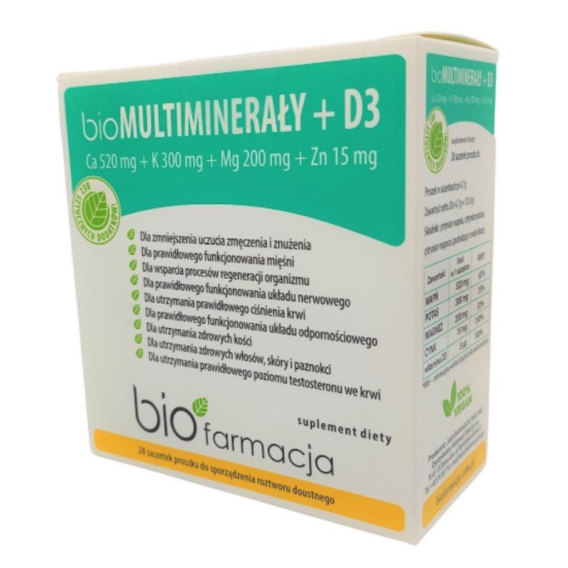 bio Multiminerały + D3 28 saszetek bioFarmacja wapń potas magnez cynk witamina D3