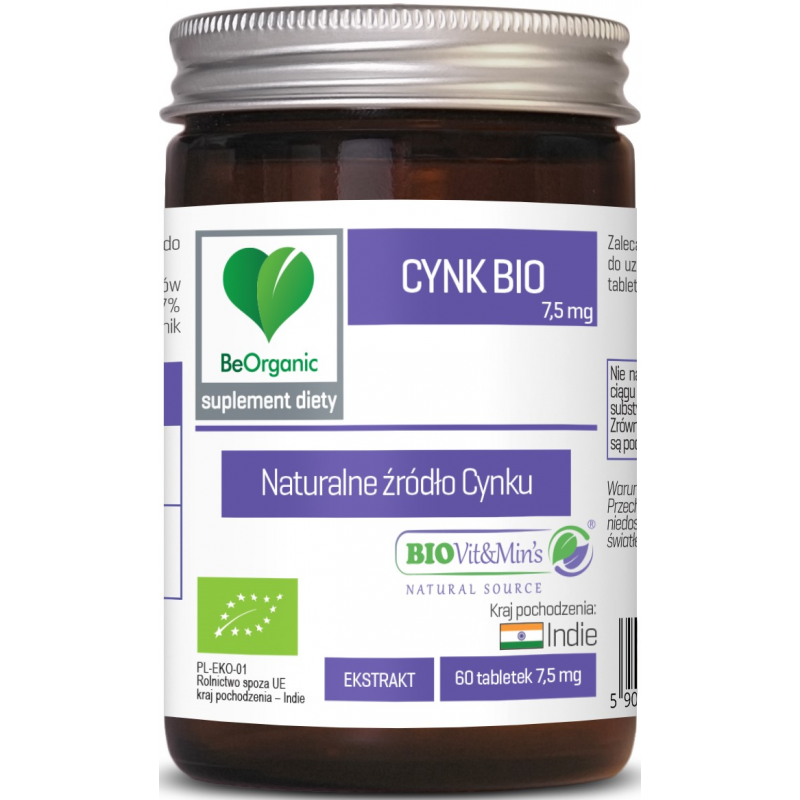 Cynk BIO 7,5 mg 60 tabl. BeOrganic Medicaline ekstr. z liści bazylii Ocimum sanctum shiitake Lentinula edodes