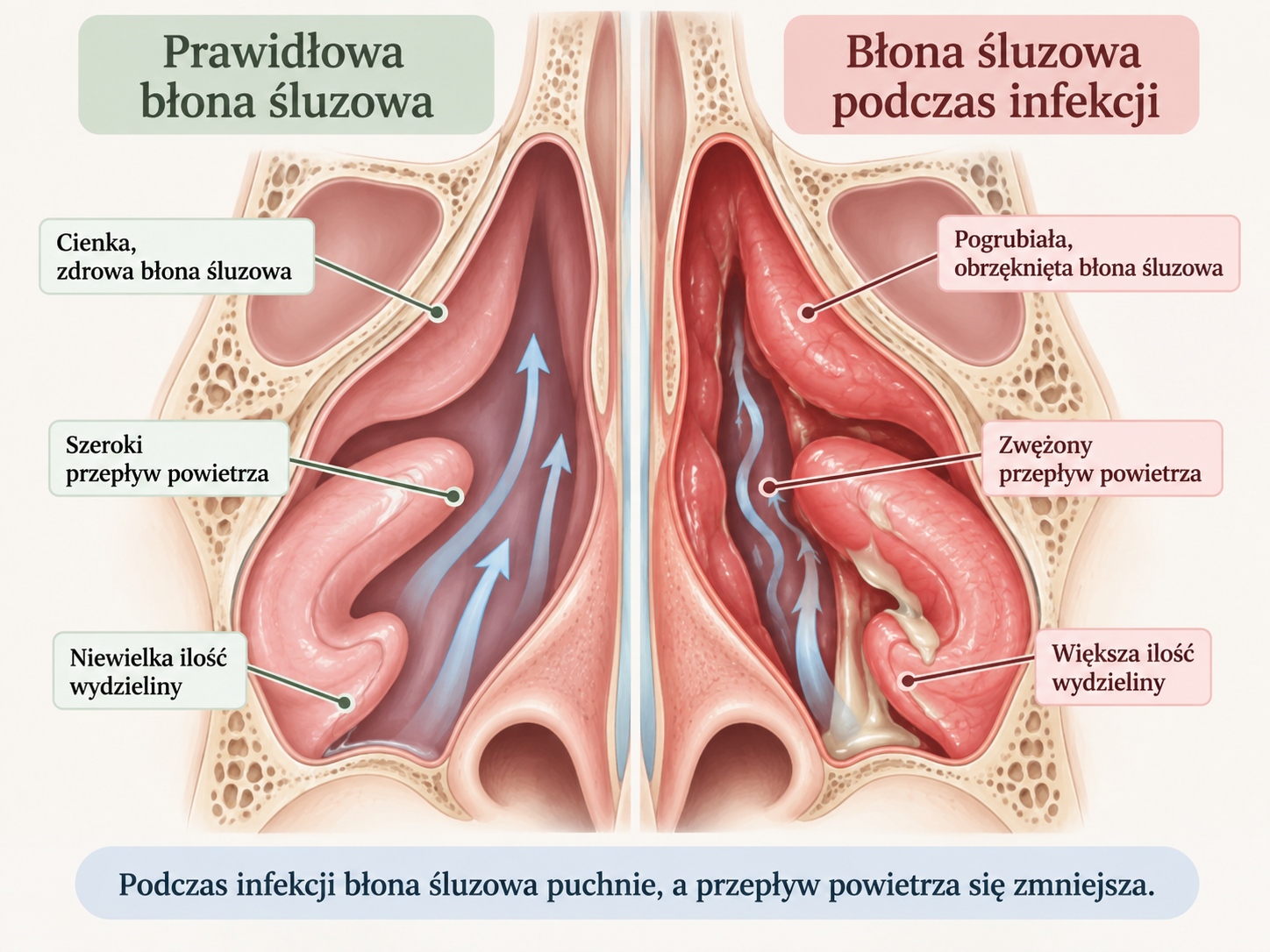 Prawidłowa i obrzęknięta błona śluzowa nosa podczas infekcji – porównanie drożności nosa i przepływu powietrza