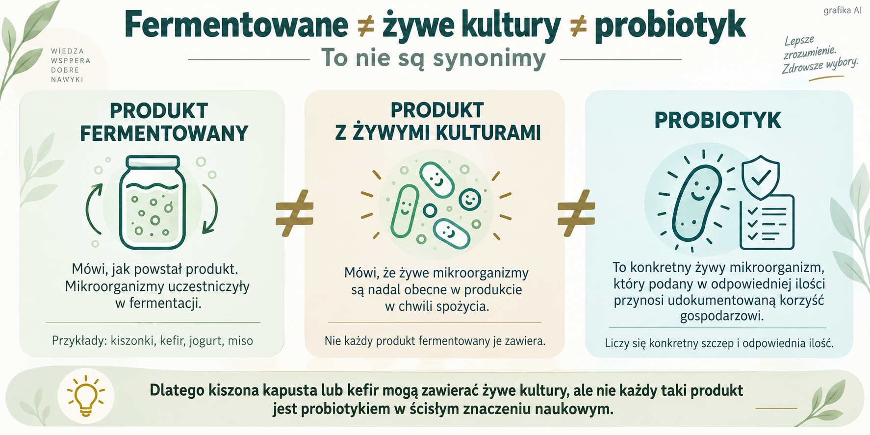 Infografika: produkt fermentowany, żywe kultury i probiotyk – najważniejsze różnice