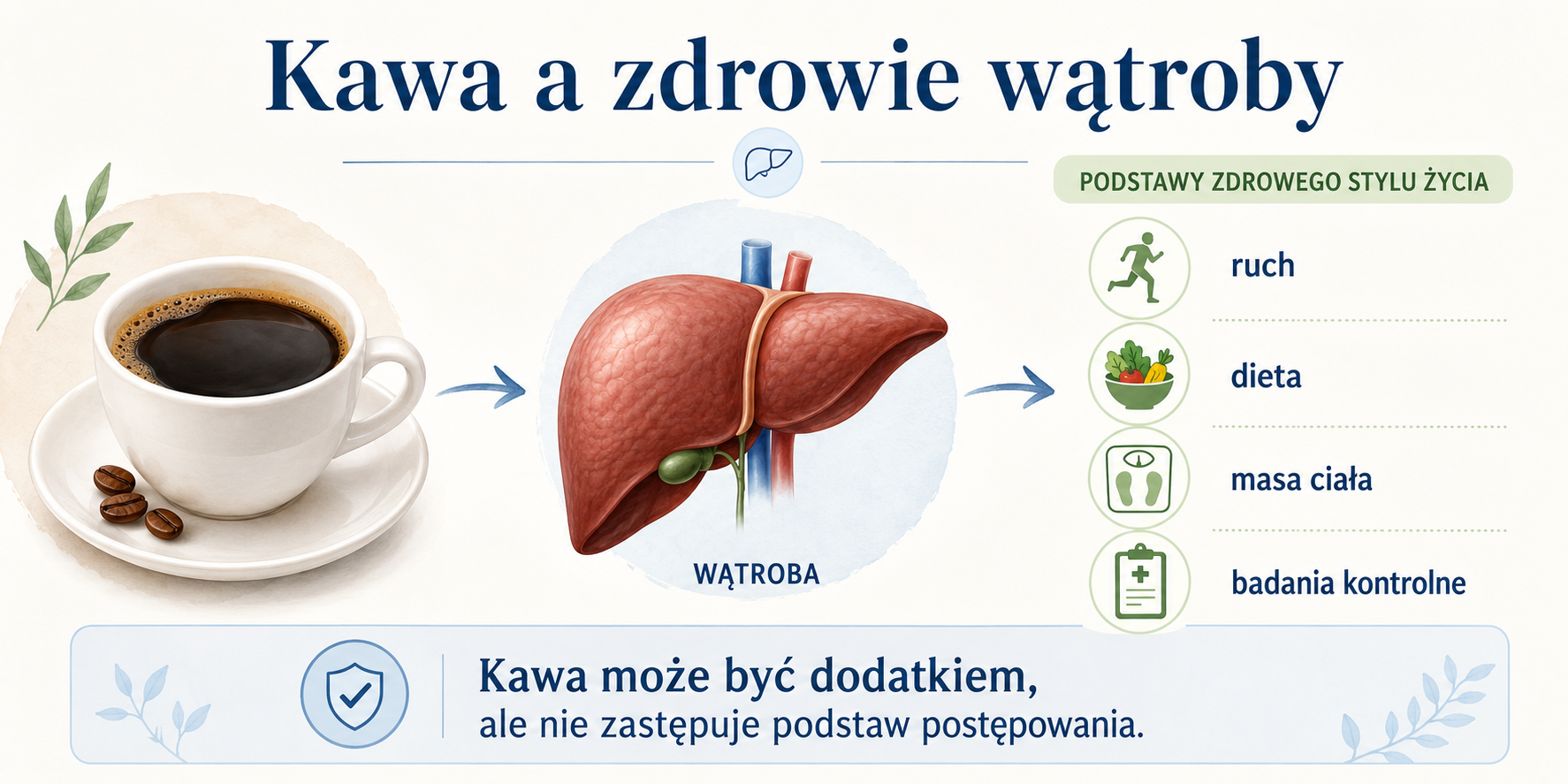 Infografika pokazująca zależność między kawą a zdrowiem wątroby oraz znaczenie ruchu, diety, kontroli masy ciała i badań kontrolnych.