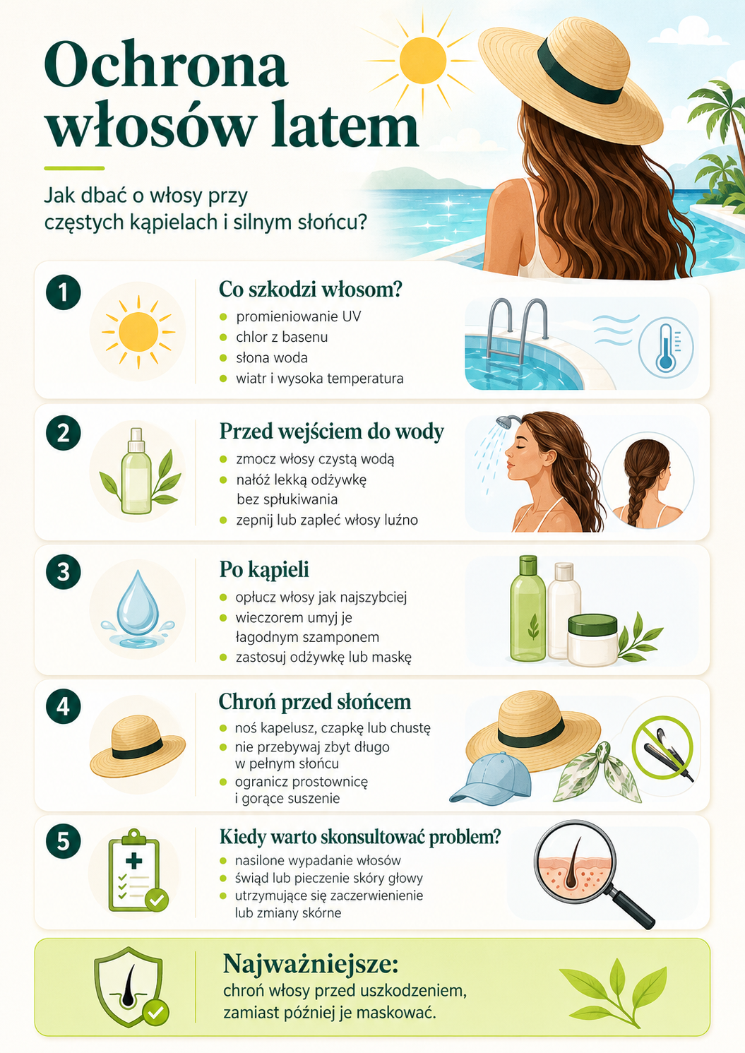 Ochrona włosów latem – infografika z poradami, jak chronić włosy przed słońcem, chlorem i słoną wodą podczas wakacyjnych kąpieli.