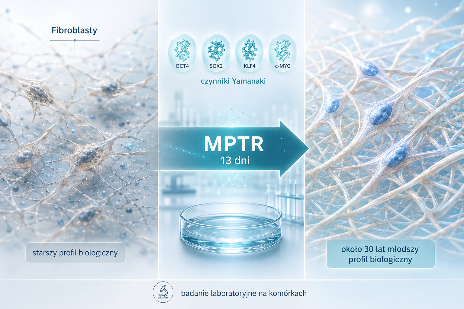 Grafika przedstawiająca odmładzanie fibroblastów metodą MPTR przez 13 dni i uzyskanie profilu biologicznego młodszego o około 30 lat.