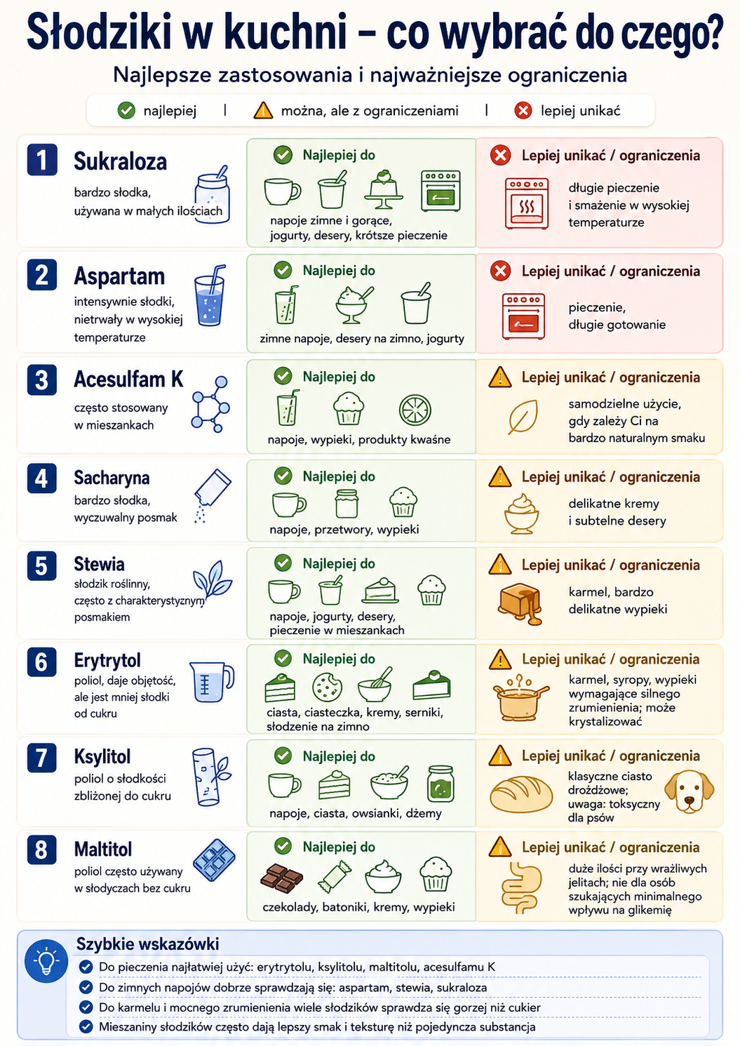 Infografika por&oacute;wnująca zastosowanie sukralozy, aspartamu, acesulfamu K, sacharyny, stewii, erytrytolu, ksylitolu i maltitolu w napojach, deserach i pieczeniu.