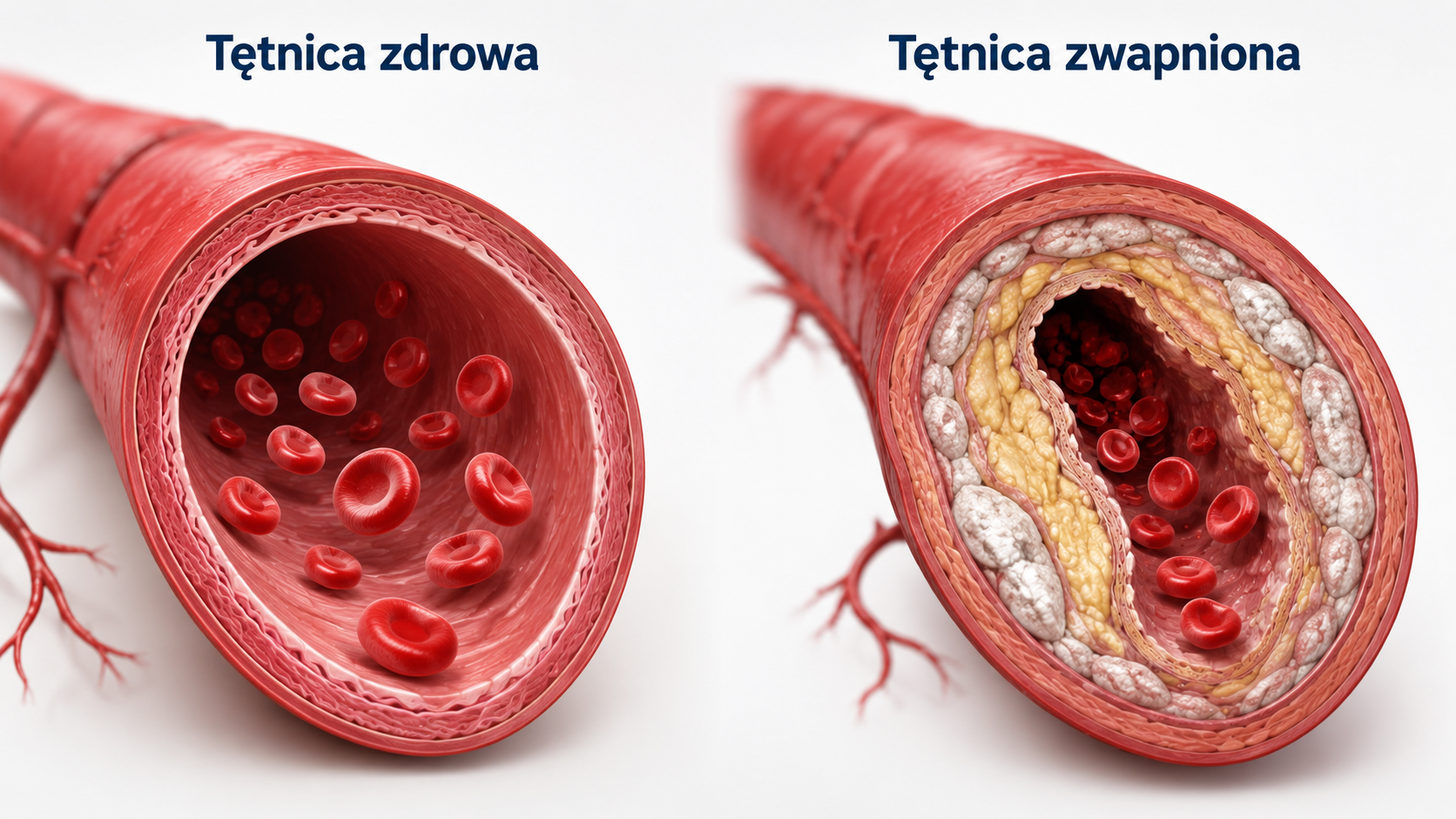 Obraz poglądowy tętnicy zdrowej i tętnicy zwpanionej