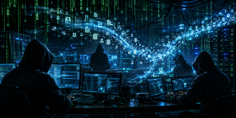 Zamaskowani cyberprzestępcy pracują przy wielu komputerach w serwerowni, a wokół nich unoszą się cyfrowe dane i strumienie kodu na tle zielonych cyfr.