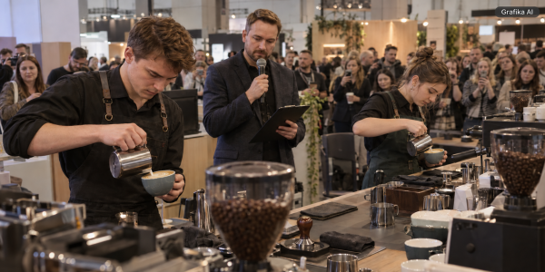 Dwóch baristów rywalizuje w zawodach latte art podczas festiwalu kawy specialty, a ich pracę obserwuje sędzia i publiczność