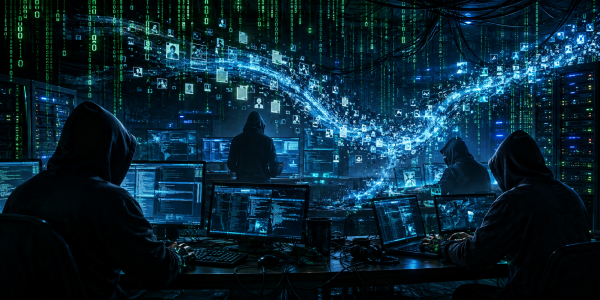 Zamaskowani cyberprzestępcy pracują przy wielu komputerach w serwerowni, a wokół nich unoszą się cyfrowe dane i strumienie kodu na tle zielonych cyfr.