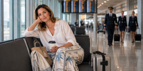 Jet lag w podróży – kobieta czeka na lotnisku podczas międzylądowania w drodze do Bangkoku