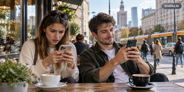 Dwie osoby siedzą w miejskiej kawiarni i patrzą w smartfony, reagując zupełnie inaczej na treści w social mediach